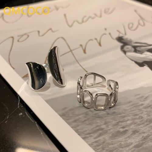 QMCOCO 925 Sterling Silver Irregular Wide Rings Female Simple Fashion Smooth Geometric Hollow Out Chain Jewelry Gift