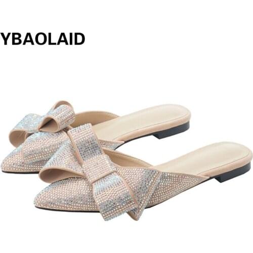 Baotou Sequin Shallow Mouth Half Slippers Summer Wear New Fashion Pointed Toe Rhinestone Bow Lazy Flat Sandals and Slippers