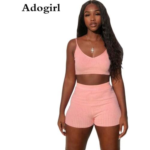 Adogirl Pink Color Knitted 2 Piece Suit Spaghetti Straps Elastic V-Neck Crop Tops Tank Top and Shorts Tracksuit Sporting Suits