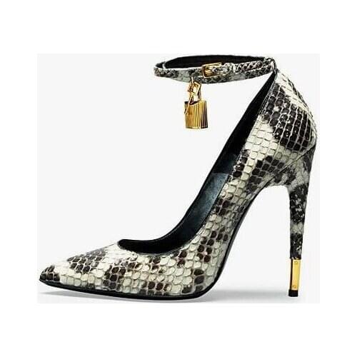 Sexy Python Lock High Heel Pointed Toe Pump Plus Size 10 Ankle Strap Wedding Shoes Bride Stiletto High Heels Women Dress Shoes
