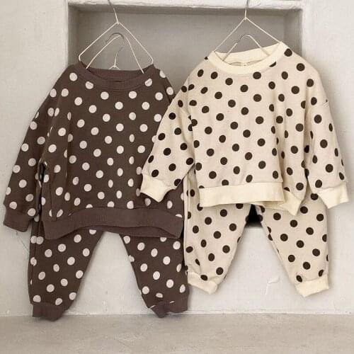 Spring Autumn Childrens Clothes Set 2021 New Korean Polka Dot T-shirt Top + Pants Cute 2Pcs Casual Boys Girls Sweatshirt Set
