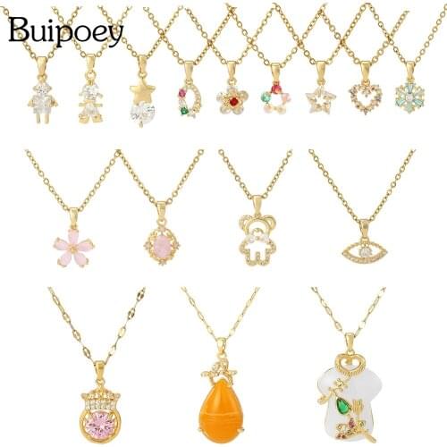 Buipoey High Quality Golden Crystal Pendant Necklace Boys Girls Charm Couples Necklace For Women Original Fine Collar Gift