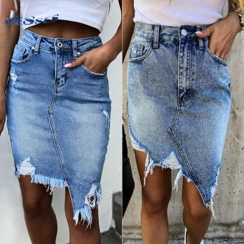Ladies Denim Casual Skirt Fashion Color Matching High Waist Sexy Split Distressed Button Skirt Female Tassel Blue A Line Skirts