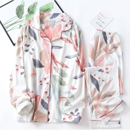 100% Cotton Women Pajama Set Long Sleeve Nightwear Turn-down Collar Leaves Printing Pajamas Loungewear Sleepwear pyjamas women