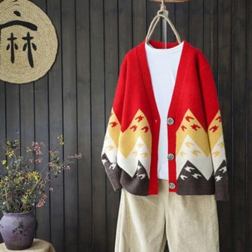 Retro color-blocking knitted cardigan womens spring and autumn all-match lazy style outer long-sleeved oversized sweater coat
