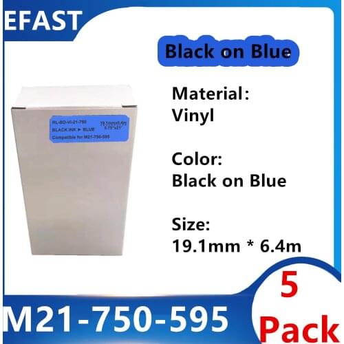 5Pack bmp21 M21 750 595 Vinyl Label Ribbon maker black on blue For BMP21 PLUS bmp21 LAB Printer M21-750-595 19.1mm * 6.4m