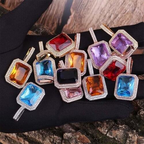 12 Colors Hip Hop Natural Stone Bling Iced Out Geometric Square Pendants Necklace Tennis Chain for Men Rapper Jewelry Dog Tag