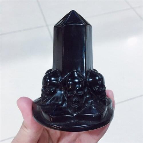 Natural Stone Black Obsidian Handmade Carved Skull Tower Powerful Statue For Home Decoration Gift