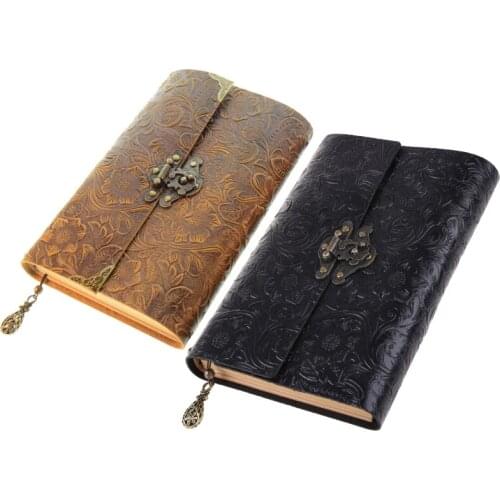 Embossed Pattern Soft Leather Travel Notebook with lock Key Diary Notepad Kraft 32CB
