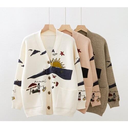 2021 Autumn Women Cardigans Long Sleeve Pocket Cartoon Sweater Coat Women Casual Loose Kintted Cardigans Women Mujer Chaqueta