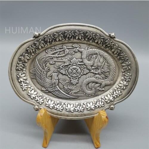 Chinese Copper Carved Dragon And Phoenix Saucer Metal Crafts Home Decoration