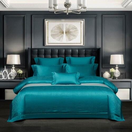 Papa&Mima Dark Green European Satin Egyptian Cotton Duvet Cover Set Jacquard Queen King Size Bedlinens Flat Sheet Doona