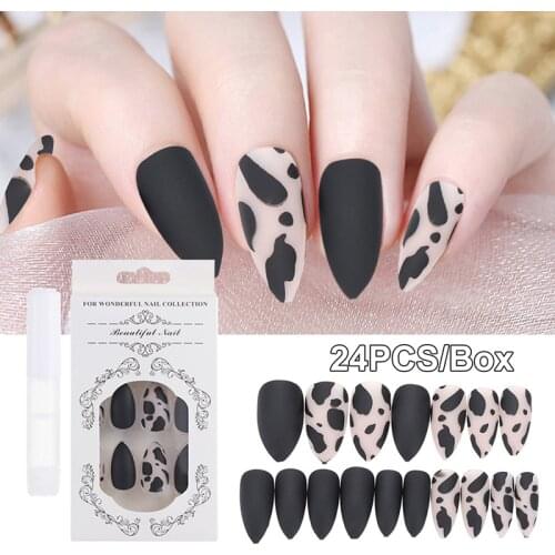 Fashion 24PCS/Box Full Cover Leopard False Nail Tips Stiletto Black Matte Fake Nails With Glue Girls Women Nails Art Decor