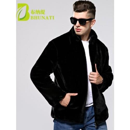 BHUNATI Men Fur Coat Black Stand Collar Long Sleeve Winter Men Fur Coat Winter Faux Fur Solid Loose mink Fur Casual Jacket