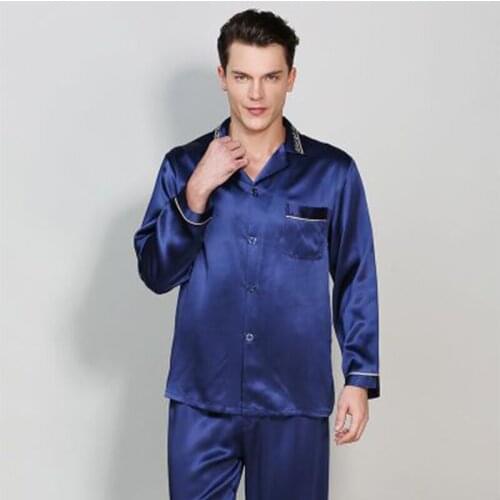 Real 100 Men silk pajamas suit Sleepwear spring summer Autumn Winter noble long Full sleeve Blue Solid Printed M L XL XXL