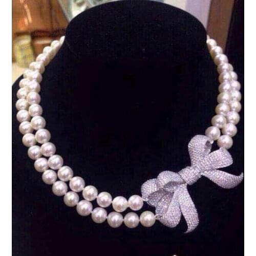 Charming 2row 9-10mm round white pearl necklace 17"-18"