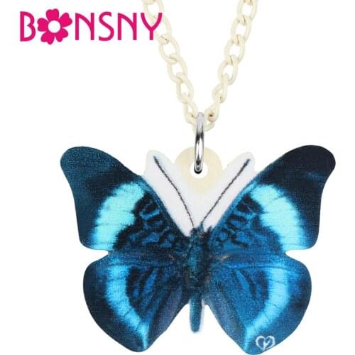 Bonsny Acrylic Blue Morphidae Butterfly Necklace Choker Long Insect Animal Pendant Chain Jewelry For Women Girlfriend Kids Gift