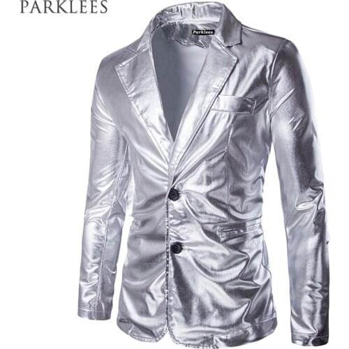 Silver Mens Slim Fit Shiny Metallic Two Button Suit Jacket Brand Hip Hop Night Club Blazer Casual Slim Fit Costumes Suit Jackets