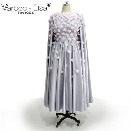 3D-applique flower prom dresses robe de soiree courte 2018 removable cape a line satin tea length princess evening dresses short