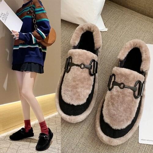 Plush Shoes Women Winter New Metal Strip Buckle Decoration Luxury Designer Women Shoes Cashmere Peas Shoes Warm Cotton Shoes