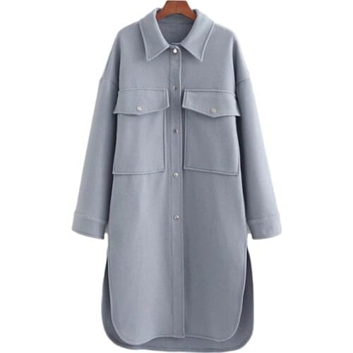 Nice Casual Woman Blue Loose Long Woolen Shirt New Spring Fashion Ladies Soft Pocket Coats Female Chic Warm Oversized Outwerar