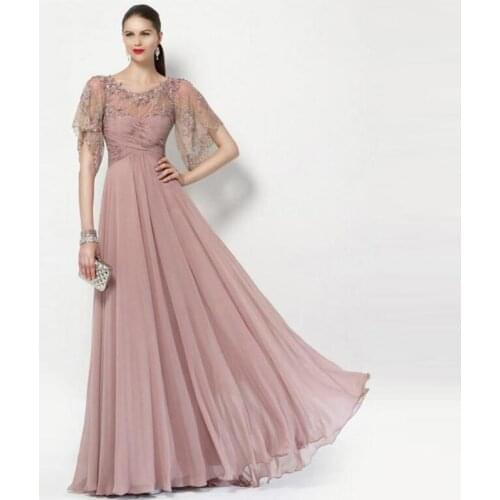 Gorgeous Blush Pink Chiffon Short Sleeve Jewel Neckline Mother of the Bride Dresses Lace Applique Wedding Party Gowns Back Out