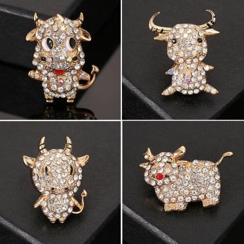 Rhinestone Cute Enamel Milk Cow Brooches For Women Chinese Bull Year Design Fashion Animal Pin Brooch Good Gift