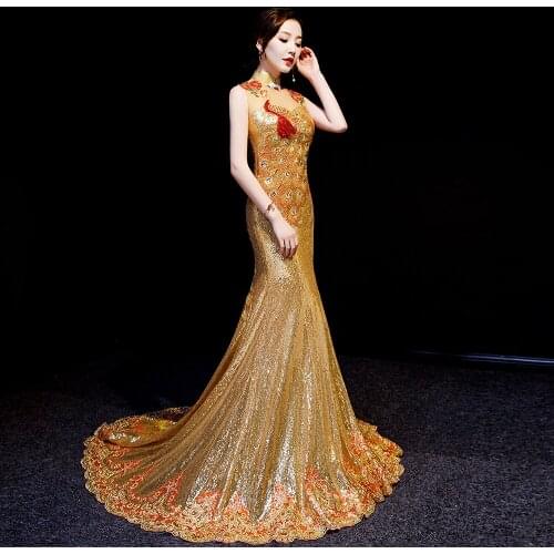 Gold Sequins Evening-dress V-neck Sleeveless Long Elegant Backless Noble Banquet Host Prom-dress Party Charming Beautiful