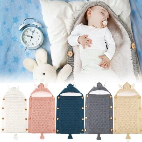 Newborn Toddler Baby Knitted Swaddle Wrap Blanket Cute Cartoon Ear Button Hooded Crochet Winter Warm Little Baby Sleeping Bags