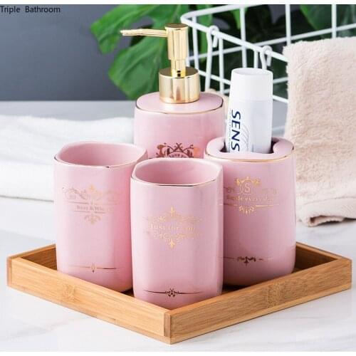 WSHYUFEI Pink Phnom Penh Ceramic Bathroom set Couple Brushing Cups four-piece Soap Box Lotion Bottle Bamboo tray Home Wash Set