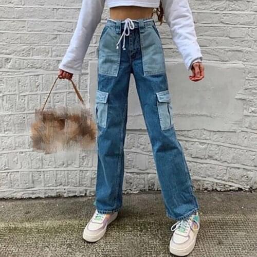 Street New Color Contrast Stitching Pocket High Waist Straight Jeans Women 2021 New Jeans Vintage Femme Womens Clothing
