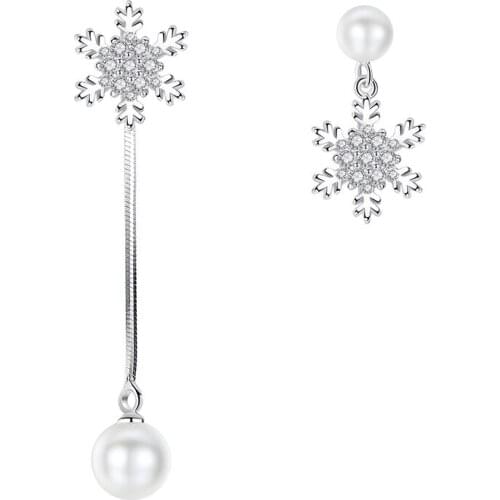 925 Sterling Silver Fashion Pearl Shiny Crystal Snowflake Asymmetric Tassels Stud Earrings for Women Jewelry Gift