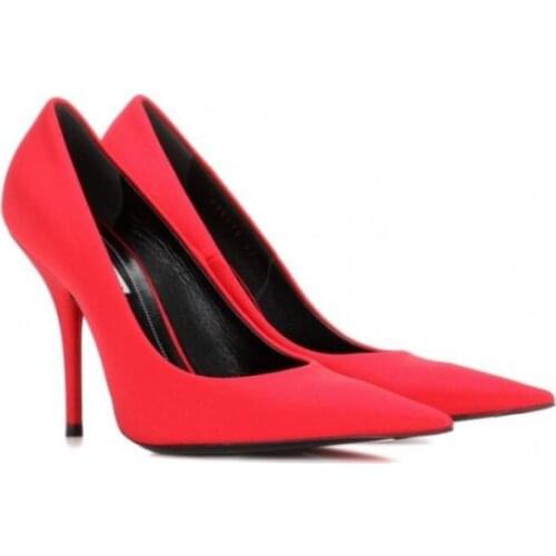 Carpaton Hot Selling Pointed Toe Woman Shoes Red Satin Thin Heels Party Heels Fashion Shallow Slip On Stiletto Heels
