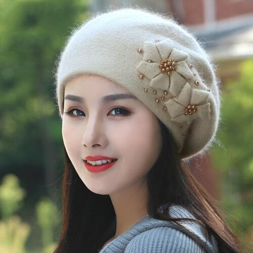 Angora Beret Women Winter Hat Knit Beanie Warm Flower Pearl Casual Soft Classic Thermal Outdoor Accessory Caps