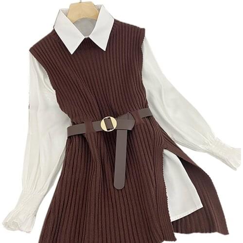 2021 Korean Spring Women Knitted Pullovers Vest + White Blouse Casual Belt Suits Office Lady Two Piece Sets Conjuntos Mujer