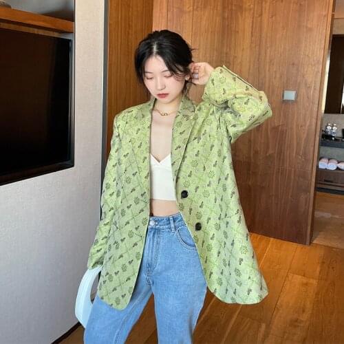 Temperament Green Jacquard Blazer Womens Spring Autumn 2021 New Vintage Loose Single Breasted Long Sleeve Suit Jackets H1425