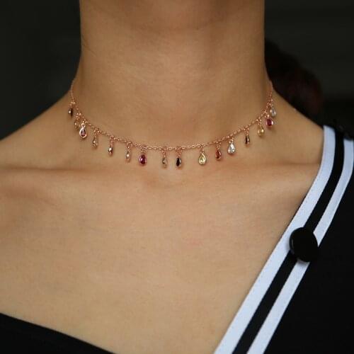 2021 Elegant rose Gold color necklace colorful cz Crystal Water Drops Hand-made necklace for women lady rainbow cz station drips