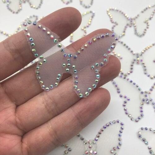 3d diamond crystal ab iron on hotfix butterfly applique patch motif organza with stones for wedding dress, skating dress