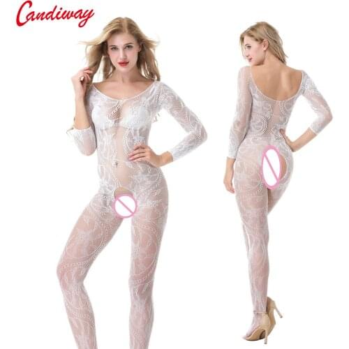 Candiway Sexy teddy bodystockings underwear woman open crotch erotic transparent clothing fishing hollow fishnet Transparent