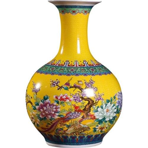 55cm Large Jingdezhen Peony Flower yellow Peacock ceramic vase decoration of imperial Chinese peony ornaments Floor vase
