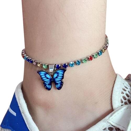 Bohemian Geometric Rhinestone Chain Anklets Gold Silver Color Butterfly Leg Bracelet Anklet For Women Girl Bling Feet Jewelry