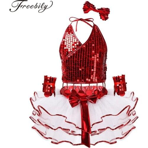 Kids Girls Jazz Modern Dance Wear Costume Sparkly Sequins Crop Top with Tutu Skirt Wrist Sleeves Hair Clip Competition Dancewear