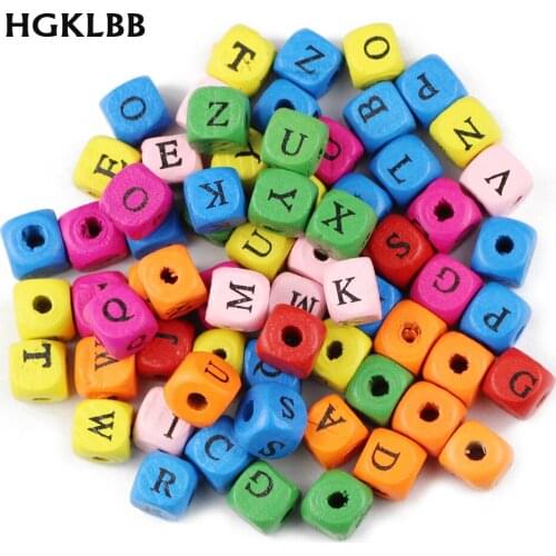 HGKLBB 50pcs Square Wooden Beads 10mm Mixed Alphabet Letter Spacer Loose Beads Jewelry for Making Wood Bracelet DIY Findings