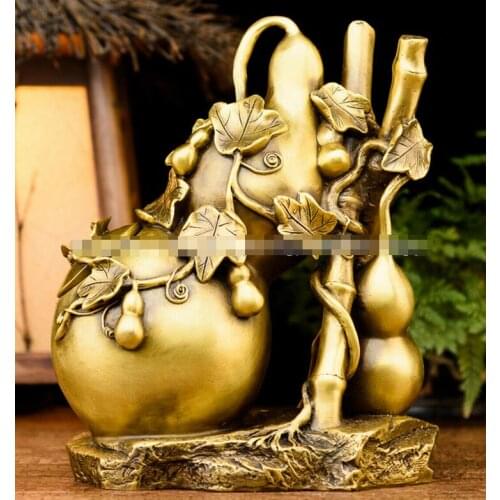 9" Collect Fengshui Art Statue Gourd Copper Brass Sculpture