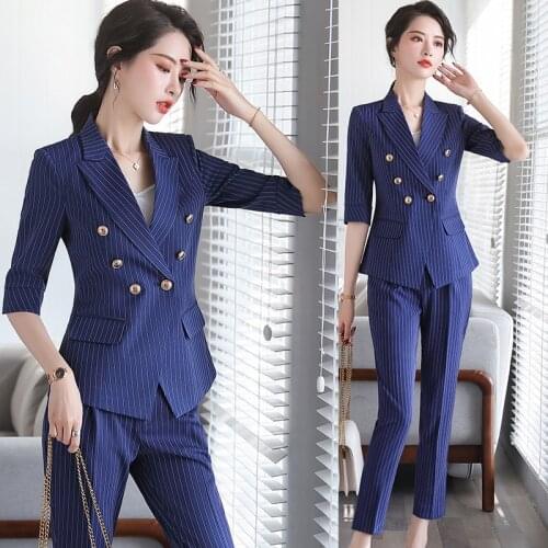 IZICFLY new style summer striped blue white office work wear pant and jacket suit Business OL 2 piece set women blazer set