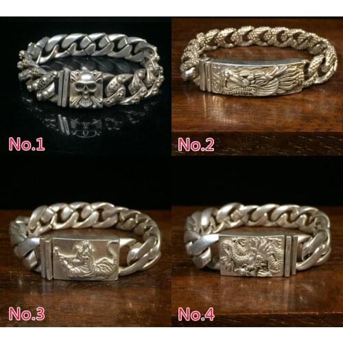 Exquisite Chinese Tibetan Silver Handmade Skull/Dragon/Tiger/Bully Dog Amulet Auspicious Bracelet Statue/No.1--No.5 Style