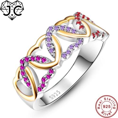 J.C Heart Link Heart Sapphire Ruby Spinel Emerald Amethyst 925 Sterling Silver Ring Size 6 7 8 9 Lover Romantic Fine Jewelry