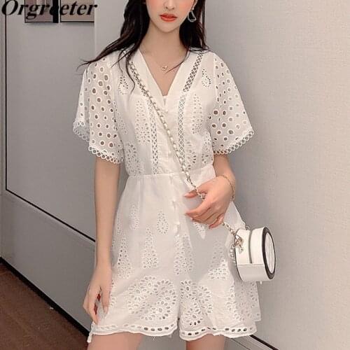 Cotton Rompers Hollow Out Jumpsuit Embroidery White Lace Women Playsuits Elegant Wide Leg Short/Long Jumpsuit Ladies overalls