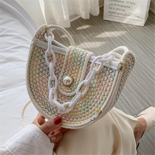 Round Womens Fashion Chain Shoulder Bag Cotton Rope Woven Handbag Bohemian Beach Bags Handmade Female Messenger Crossbody Bag