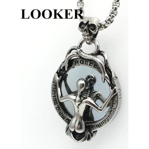LOOKER Trendy Vintage Snake Skeleton Magic Mirror Necklace Gothic Beauty Vampire Skull Head Necklace Pendant Men Tide Jewelry